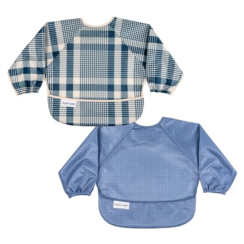 Tiny Twinkle Long Sleeve Bib for Babies Toddlers 2Pack Waterproof Smock Bib for Eating Machine Washable MessProof Feeding Essentials Newborn Shower Gift Gingham Grid 624M - Image 1
