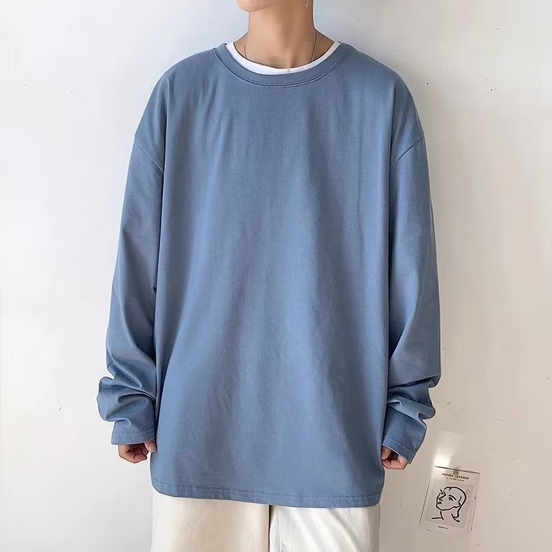 Solid Color Cotton Men'S Lazy Youth Fashion Round Neck Trend T-Shirt Fashion Summer And Autumn Trend Long Sleeve Loose Daily All-Match - Image 3
