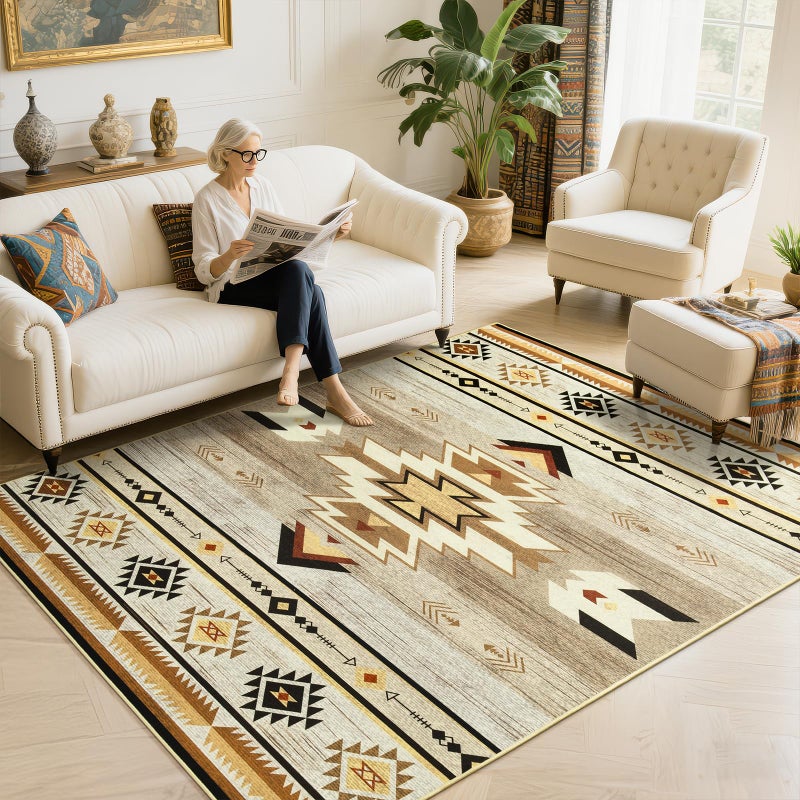 B BENRON Western Rugs for Living Room 6x9, Non Slip Large Rug for Bedroom Dining Table Kitchen, Soft Throw Rugs with Rubber Backing Washable, Beige, Brown, Geometric - Image 1