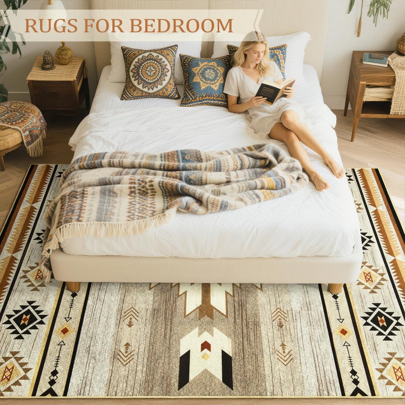 B BENRON Western Rugs for Living Room 6x9, Non Slip Large Rug for Bedroom Dining Table Kitchen, Soft Throw Rugs with Rubber Backing Washable, Beige, Brown, Geometric - Image 2