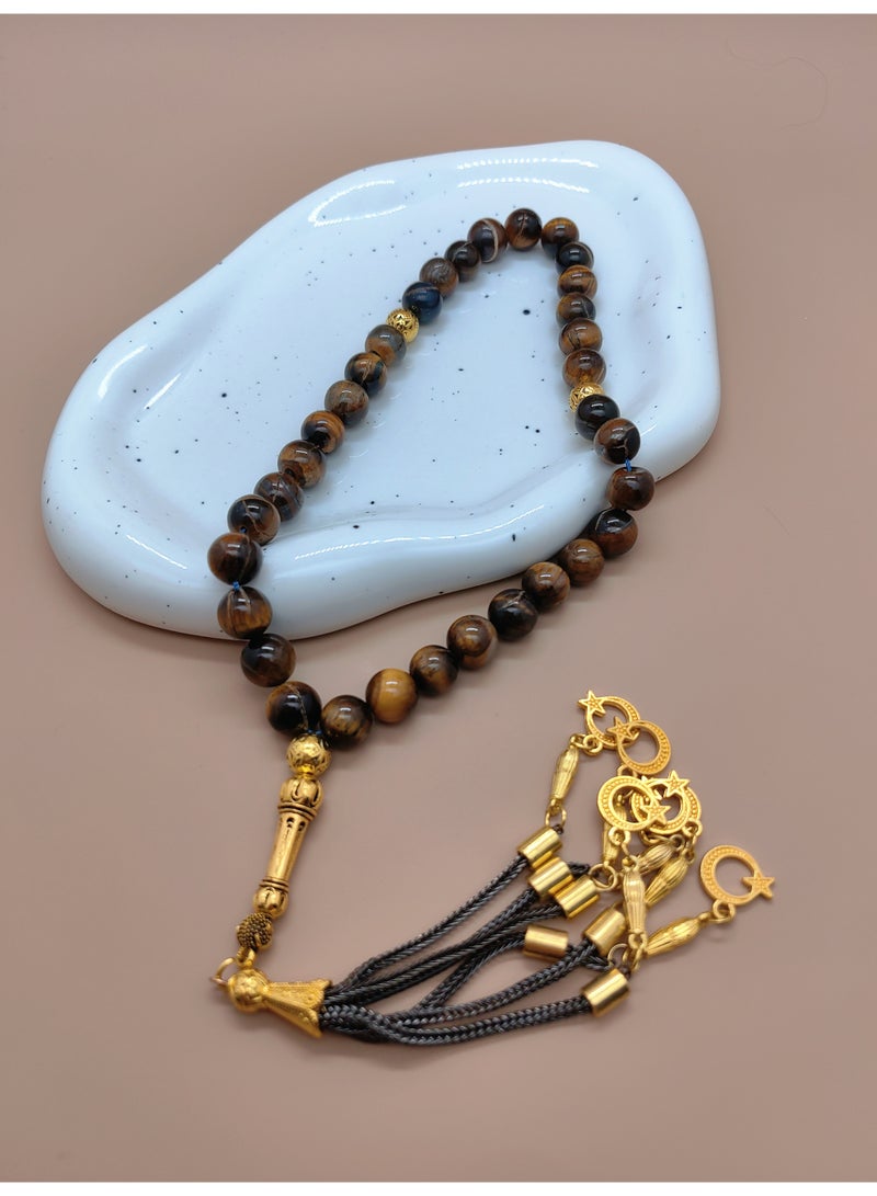 موجود 33 خرزة مسبحة من حجر عين النمر الطبيعي/تسبيح/10 ملم - Image 4