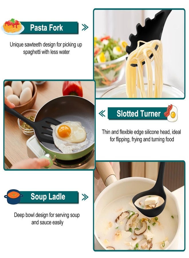 TeamFar Silicone Cooking Utensil Set of 7, Black Kitchen Nonstick Tools Turner Spoon Spatula Ladle Pasta Server for Nonstick Cookware, Healthy & One-Piece, Anti-Heat & Dishwasher Safe - Image 5