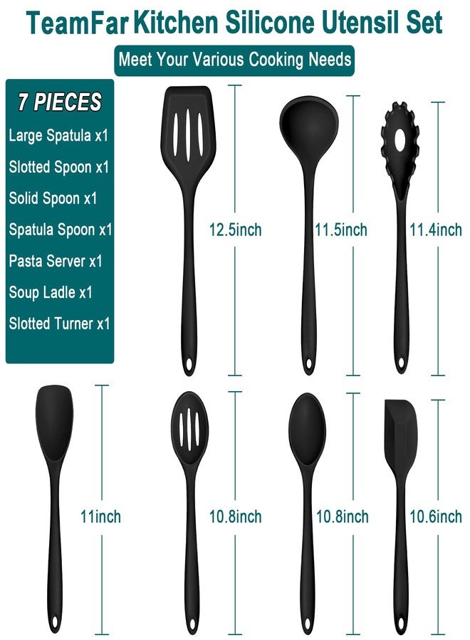 TeamFar Silicone Cooking Utensil Set of 7, Black Kitchen Nonstick Tools Turner Spoon Spatula Ladle Pasta Server for Nonstick Cookware, Healthy & One-Piece, Anti-Heat & Dishwasher Safe - Image 2