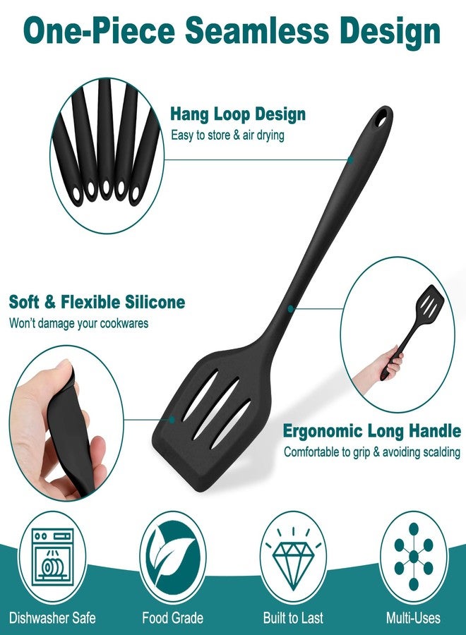 TeamFar Silicone Cooking Utensil Set of 7, Black Kitchen Nonstick Tools Turner Spoon Spatula Ladle Pasta Server for Nonstick Cookware, Healthy & One-Piece, Anti-Heat & Dishwasher Safe - Image 3