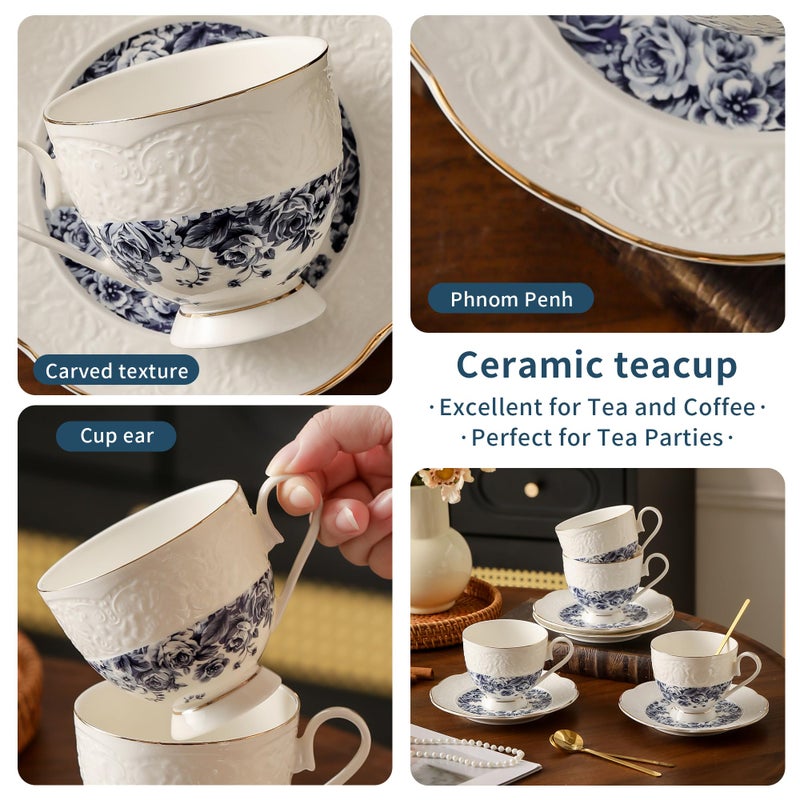 TATSUMI Interglio Embossed Bone China Tea Cup and Saucer Set, 3 Pieces Vintage Style Coffee Cup & Saucer Set For Women Wedding Gift (Starry Sky Rose, 1 set) - Image 5