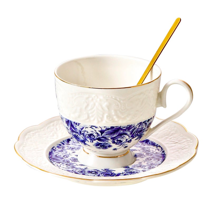 TATSUMI Interglio Embossed Bone China Tea Cup and Saucer Set, 3 Pieces Vintage Style Coffee Cup & Saucer Set For Women Wedding Gift (Starry Sky Rose, 1 set) - Image 1