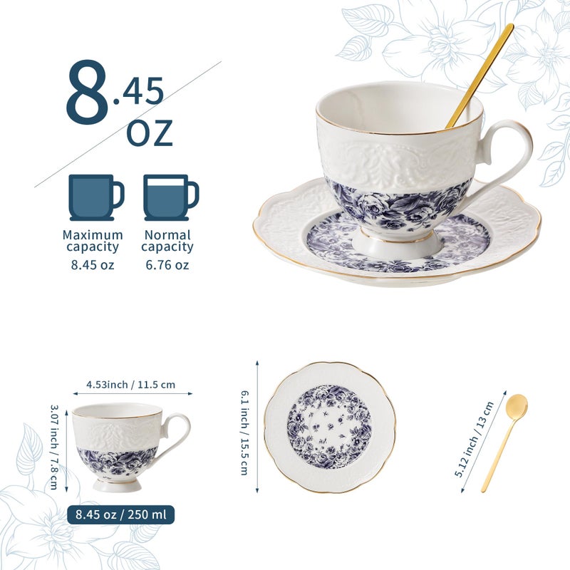 TATSUMI Interglio Embossed Bone China Tea Cup and Saucer Set, 3 Pieces Vintage Style Coffee Cup & Saucer Set For Women Wedding Gift (Starry Sky Rose, 1 set) - Image 2