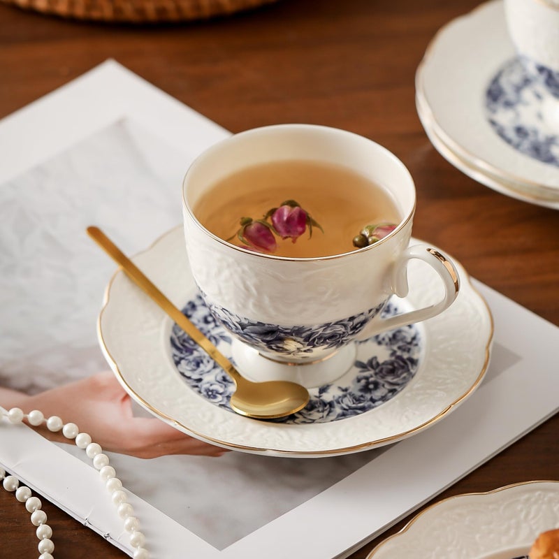 TATSUMI Interglio Embossed Bone China Tea Cup and Saucer Set, 3 Pieces Vintage Style Coffee Cup & Saucer Set For Women Wedding Gift (Starry Sky Rose, 1 set) - Image 3