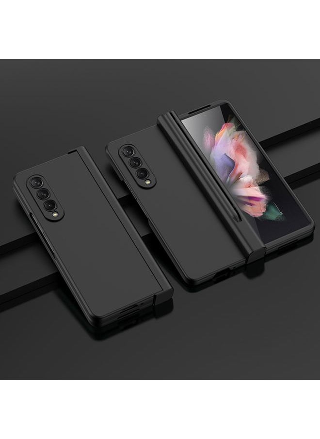 Generic Case Cover For Samsung Galaxy Z Fold 3 5G Pen Slot Oil-sprayed PC+Tempered Film Phone Case Black 