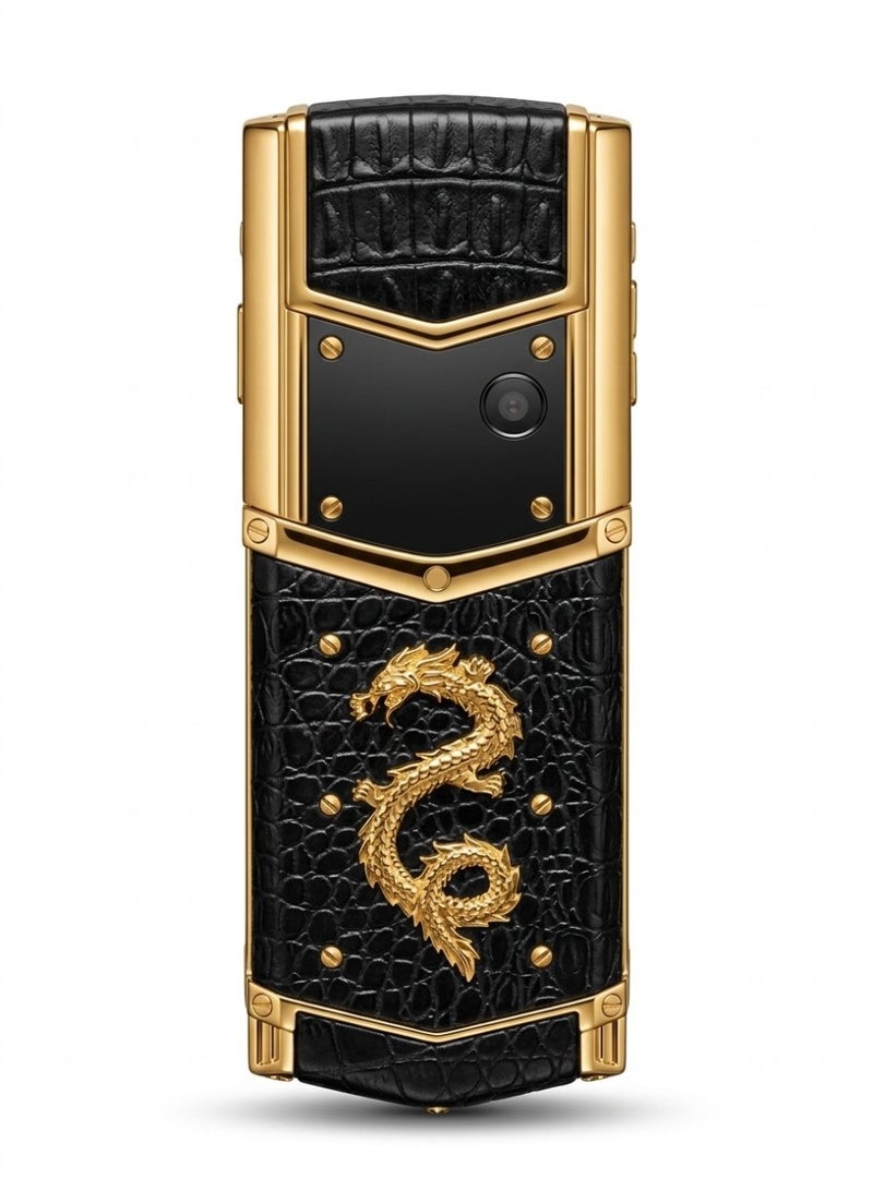 **English Product Title** Hope Dragon Dual-Keypad Phone with Gold Plating and Black Dragon Leather Finish  **Arabic Product Title** هوب دراجون هاتف محمول بشريحتين مع طلاء ذهبي وجلود التنين الأسود