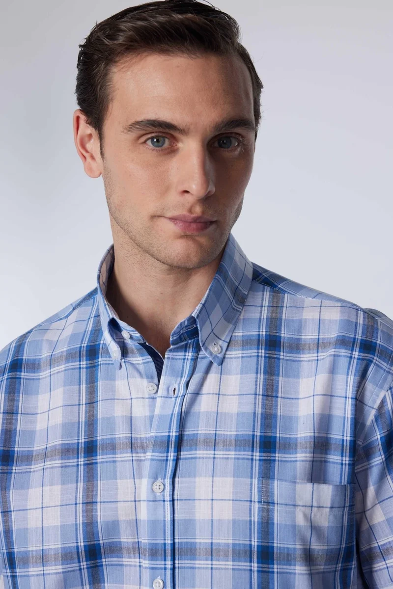 تودورس Classic Fit Short Sleeve Button Collar Single Pocket Checked Summer Linen Effect Men's Shirt