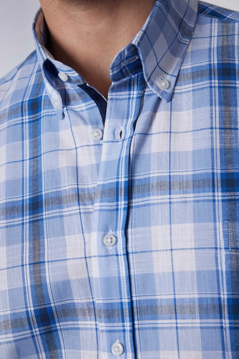 تودورس Classic Fit Short Sleeve Button Collar Single Pocket Checked Summer Linen Effect Men's Shirt