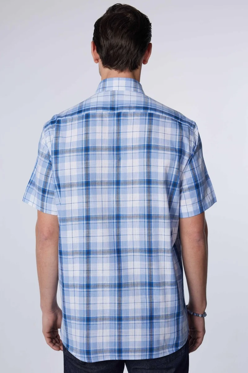 تودورس Classic Fit Short Sleeve Button Collar Single Pocket Checked Summer Linen Effect Men's Shirt