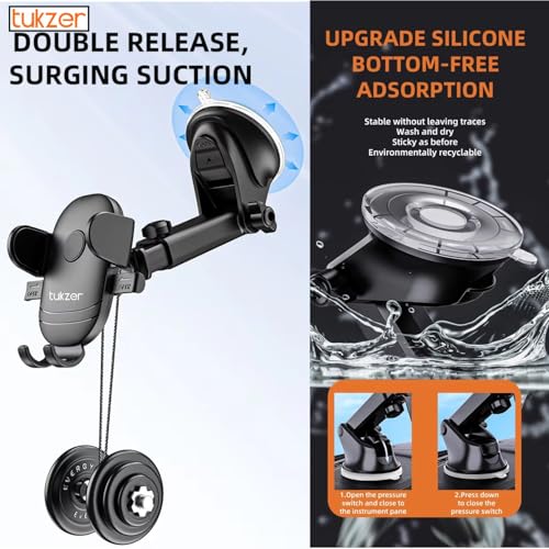 Tukzer Universal Car Mount Mobile Holder Stand| Strong Suction Cup, Double Shift Locking for Dashboard Windshield| Quick Touch Release, Long Telescopic Arm, 360° Rotatable Head| for All Mobile Phones,Black - Image 4