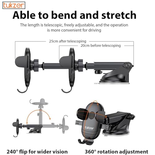 Tukzer Universal Car Mount Mobile Holder Stand| Strong Suction Cup, Double Shift Locking for Dashboard Windshield| Quick Touch Release, Long Telescopic Arm, 360° Rotatable Head| for All Mobile Phones,Black - Image 2