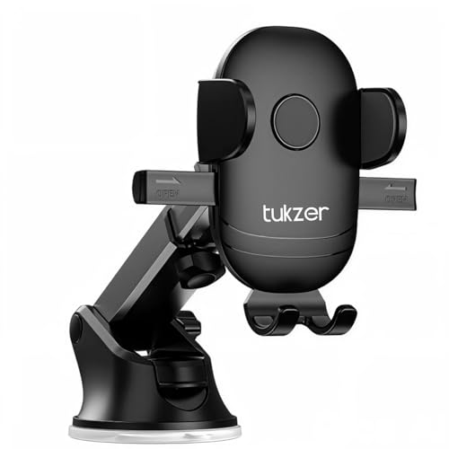 Tukzer Universal Car Mount Mobile Holder Stand| Strong Suction Cup, Double Shift Locking for Dashboard Windshield| Quick Touch Release, Long Telescopic Arm, 360° Rotatable Head| for All Mobile Phones,Black - Image 1