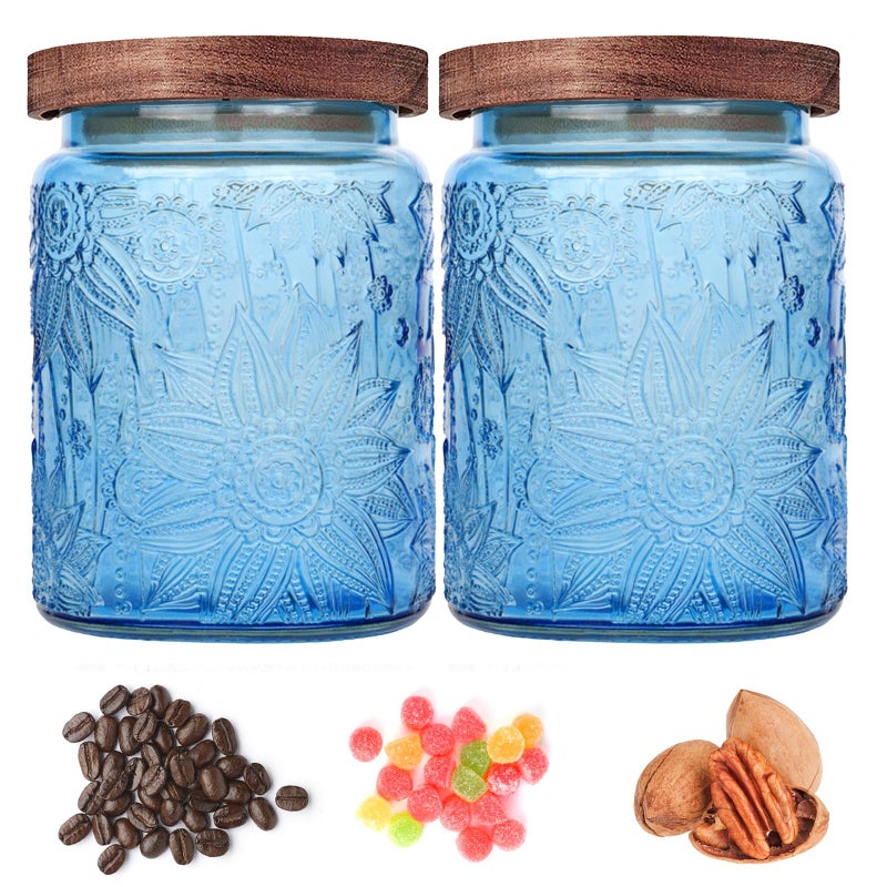 Custde Glass Storage Jars With Airtight Lid, 23.7oz Canister For Kitchen Counter with Wooden Lid, brown sugar, candy, coffee, cookie, salt, tea,pantry cute Jar (Blue, 23.7 floz) - Image 3