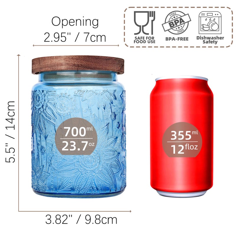 Custde Glass Storage Jars With Airtight Lid, 23.7oz Canister For Kitchen Counter with Wooden Lid, brown sugar, candy, coffee, cookie, salt, tea,pantry cute Jar (Blue, 23.7 floz) - Image 2