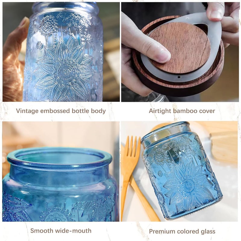 Custde Glass Storage Jars With Airtight Lid, 23.7oz Canister For Kitchen Counter with Wooden Lid, brown sugar, candy, coffee, cookie, salt, tea,pantry cute Jar (Blue, 23.7 floz) - Image 5