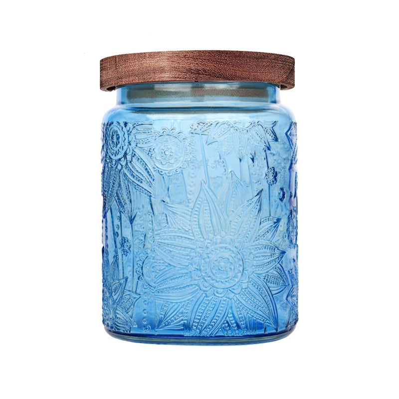 Custde Glass Storage Jars With Airtight Lid, 23.7oz Canister For Kitchen Counter with Wooden Lid, brown sugar, candy, coffee, cookie, salt, tea,pantry cute Jar (Blue, 23.7 floz) - Image 1