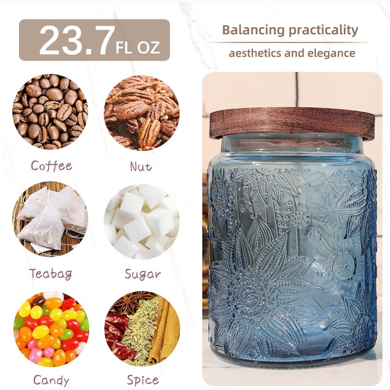 Custde Glass Storage Jars With Airtight Lid, 23.7oz Canister For Kitchen Counter with Wooden Lid, brown sugar, candy, coffee, cookie, salt, tea,pantry cute Jar (Blue, 23.7 floz) - Image 4