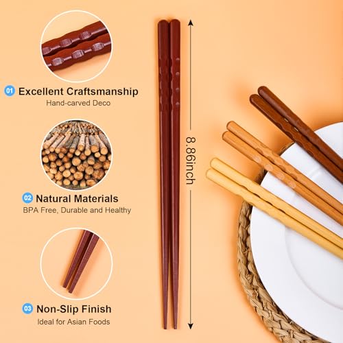 MFJUNS 5 Pairs Japanese Minimalist Reusable Chopsticks, 8.8 Inch Non-Slip Natural Wood Set - Ideal for Sushi, Noodles, Rice | Chopsticks Gift Set for Asian Cuisine Lovers - Image 2