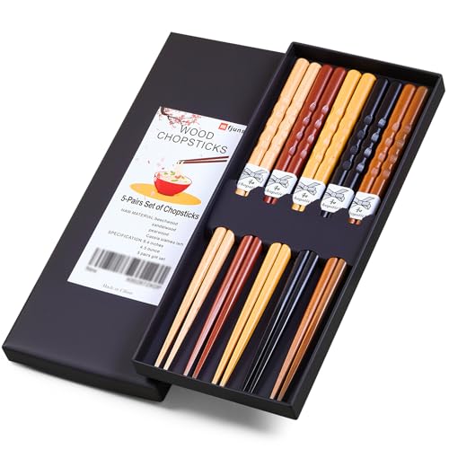 MFJUNS 5 Pairs Japanese Minimalist Reusable Chopsticks, 8.8 Inch Non-Slip Natural Wood Set - Ideal for Sushi, Noodles, Rice | Chopsticks Gift Set for Asian Cuisine Lovers - Image 1