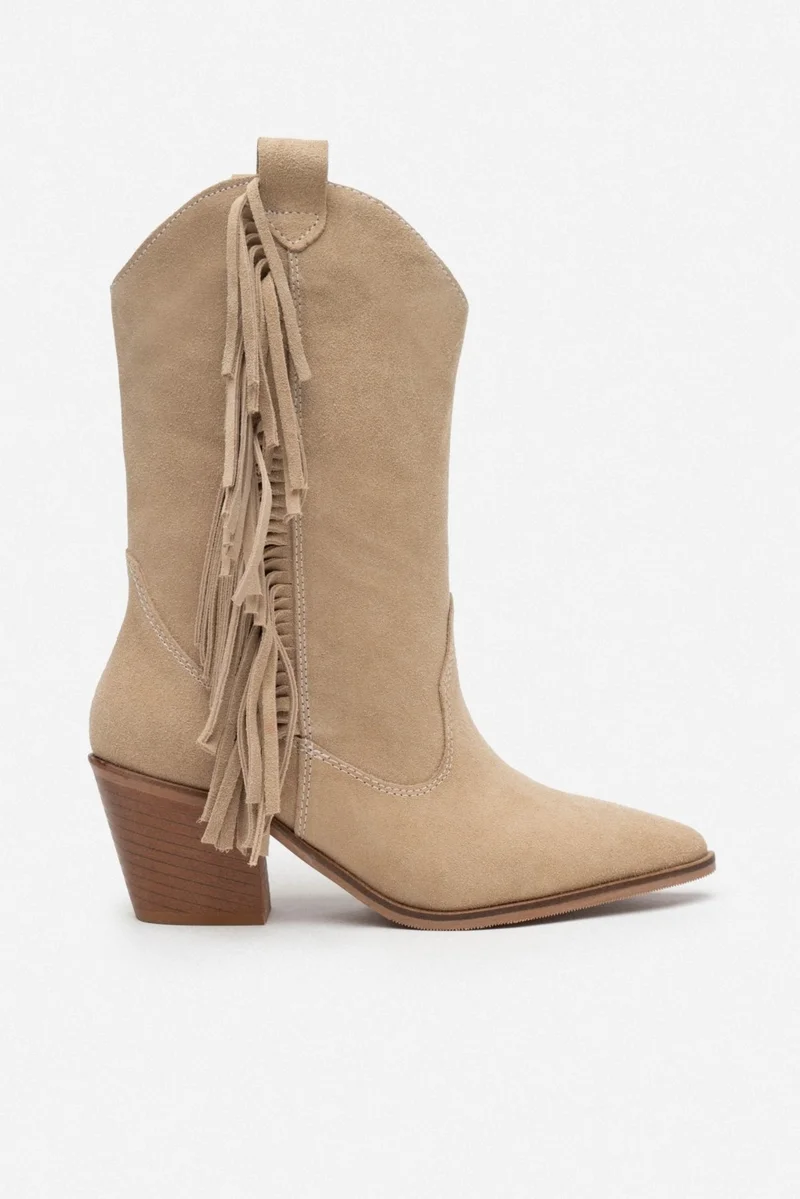 نيشانتاشي شوز Champ Beige Suede Leather Tassel Detail Women's Thick Heeled Dallas Boots