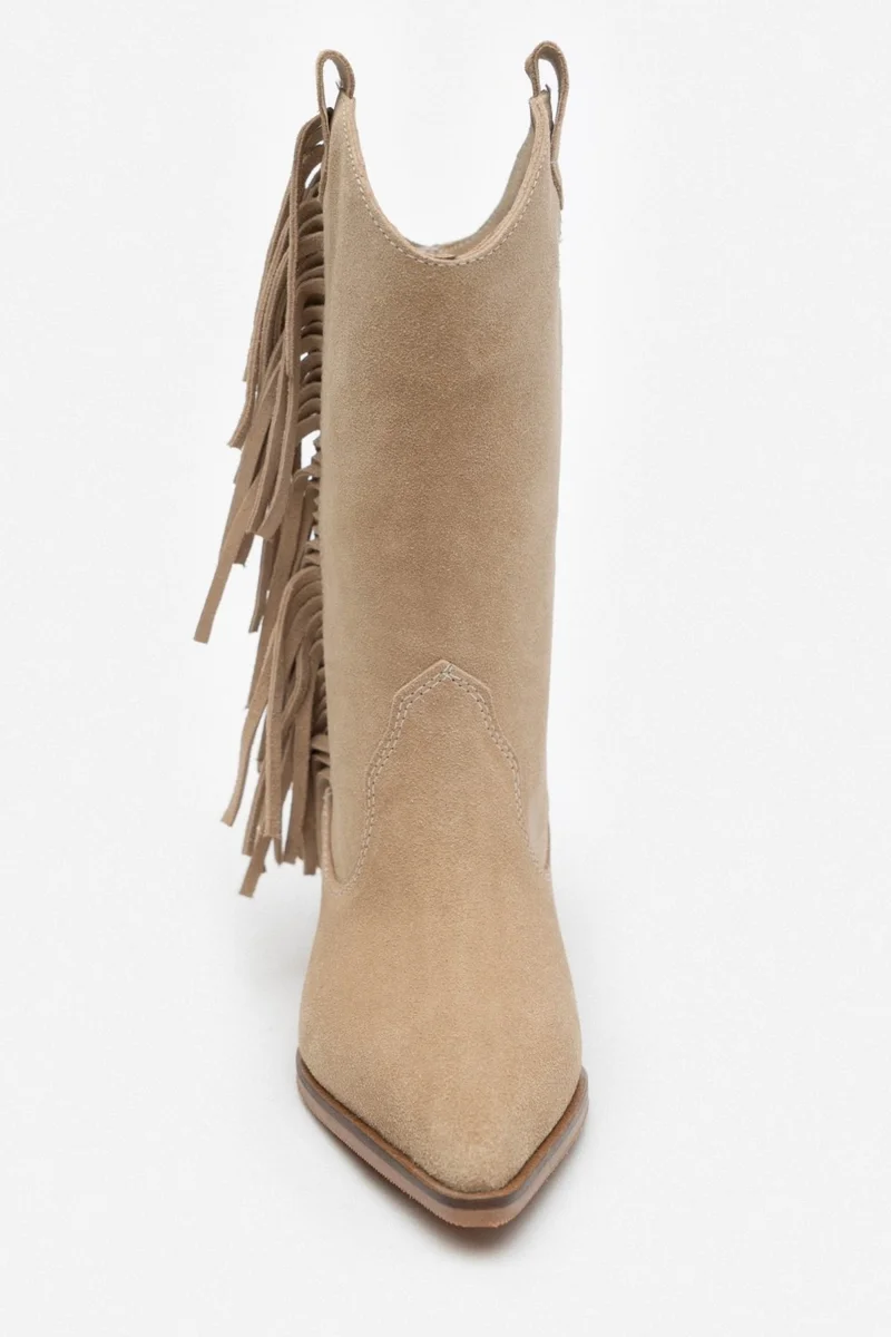 نيشانتاشي شوز Champ Beige Suede Leather Tassel Detail Women's Thick Heeled Dallas Boots