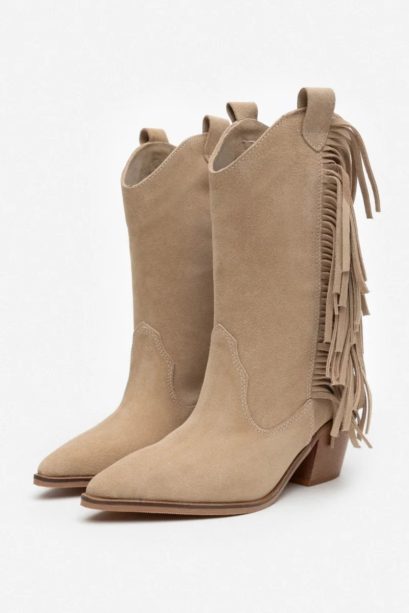 نيشانتاشي شوز Champ Beige Suede Leather Tassel Detail Women's Thick Heeled Dallas Boots
