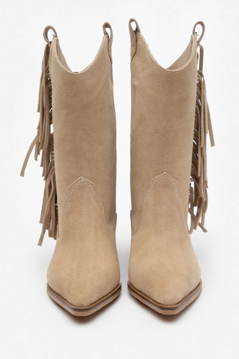 نيشانتاشي شوز Champ Beige Suede Leather Tassel Detail Women's Thick Heeled Dallas Boots
