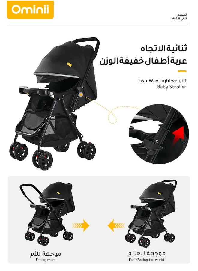 Ominii Two-Way Baby Stroller, One-Click Folding, Lightweight, Extra-Large Canopy, Removable Tray, Mosquito Net, Suitable For Babies From 0 To 36 Months – Black  - Image 2