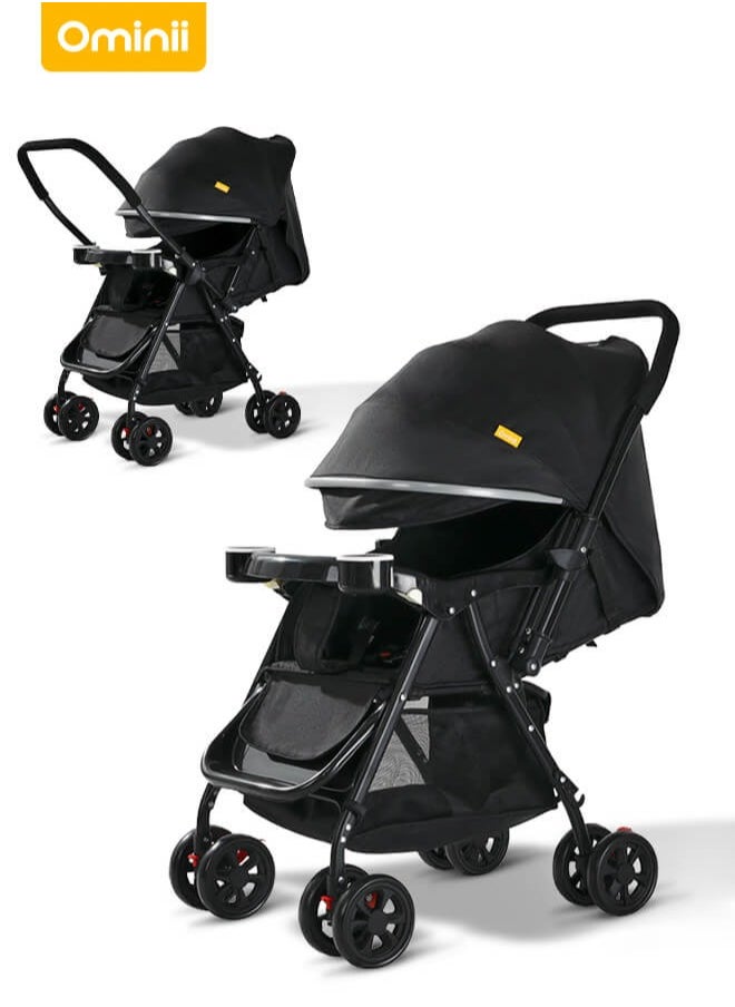 Ominii Two-Way Baby Stroller, One-Click Folding, Lightweight, Extra-Large Canopy, Removable Tray, Mosquito Net, Suitable For Babies From 0 To 36 Months – Black  - Image 1