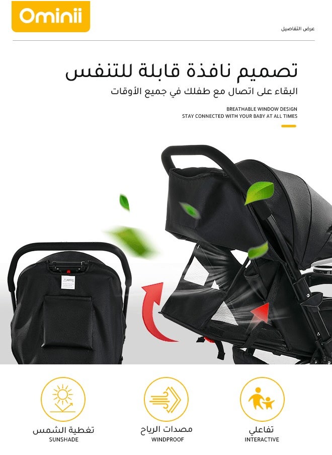 Two-Way Baby Stroller, One-Click Folding, Lightweight, Extra-Large Canopy, Removable Tray, Mosquito Net, Suitable For Babies From 0 To 36 Months – Black