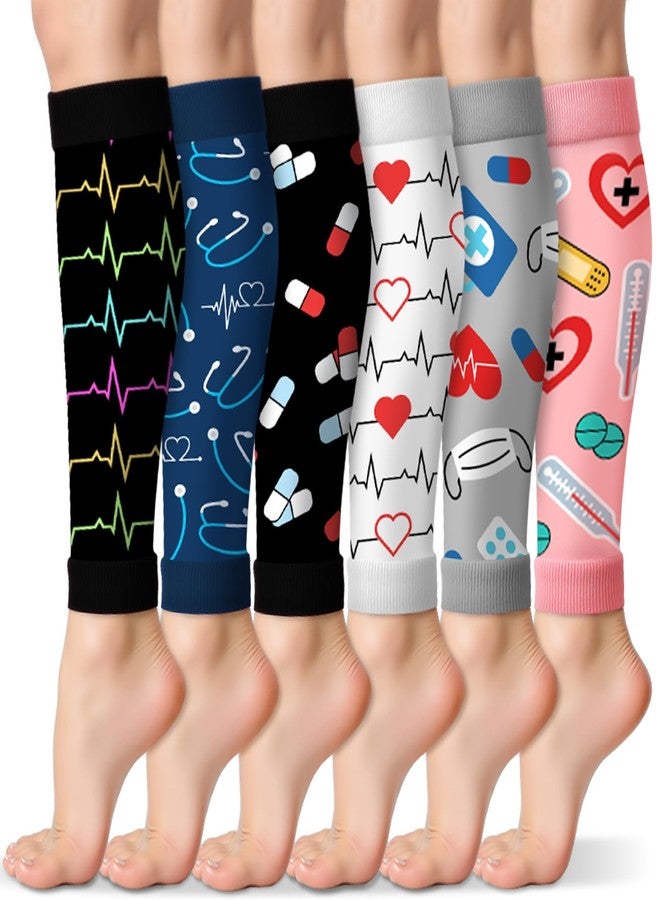 Hercicy 6 Pairs Nurse Calf Compression Sleeve for Women Footless Compression Socks Support Sports Elastic Leg Sleeve Novelty Nurses' Week Thank You Gift for Nursing Assistant Shin Splints Pain Relief - Image 1