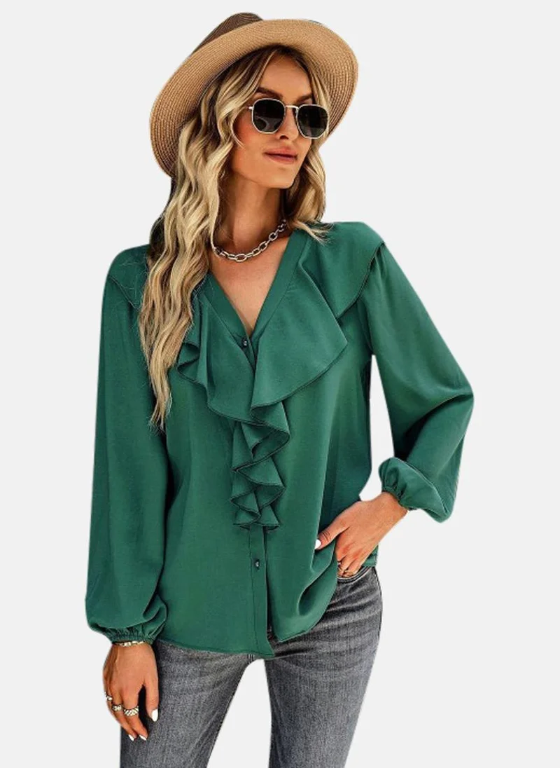 YUNIQEE Green V-Neck Self Design Top