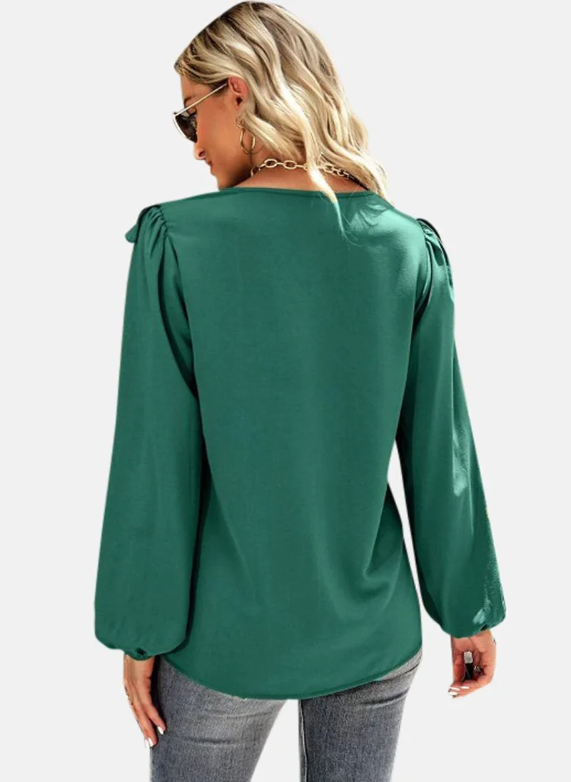 YUNIQEE Green V-Neck Self Design Top