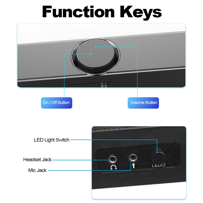V-198 USB Powered Sound Bar Computer Speakers with LED Lights 3.5mm Audio Mic Plug Wired Soundbar Speaker for PC Cellphone Tablets Desktop Laptop - Image 4