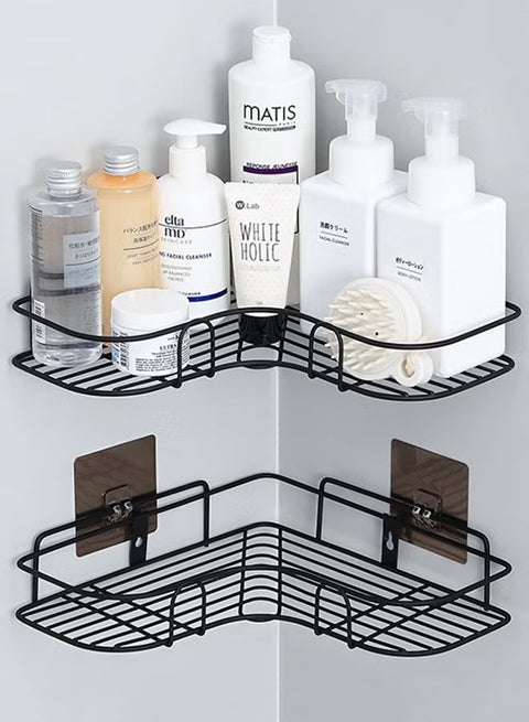 2 Pack Bathroom Organization Corner Shelf With Side Hanger, Adhesive Shower Organizers, Rustproof Stainless Steel Shower Shelves, No Drilling Bathroom Organizers and Storage Racks, Space-Saving, Black