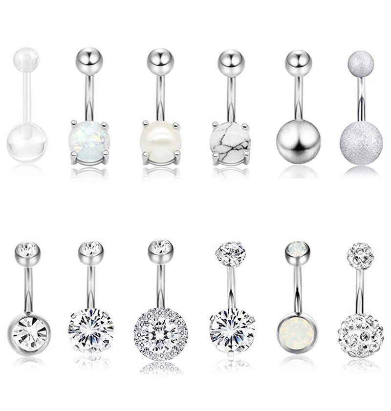 Masedy 12Pcs Belly Button Rings for Women Surgical Steel Curved Navel Barbell Rings Body Piercing Jewelry Silver