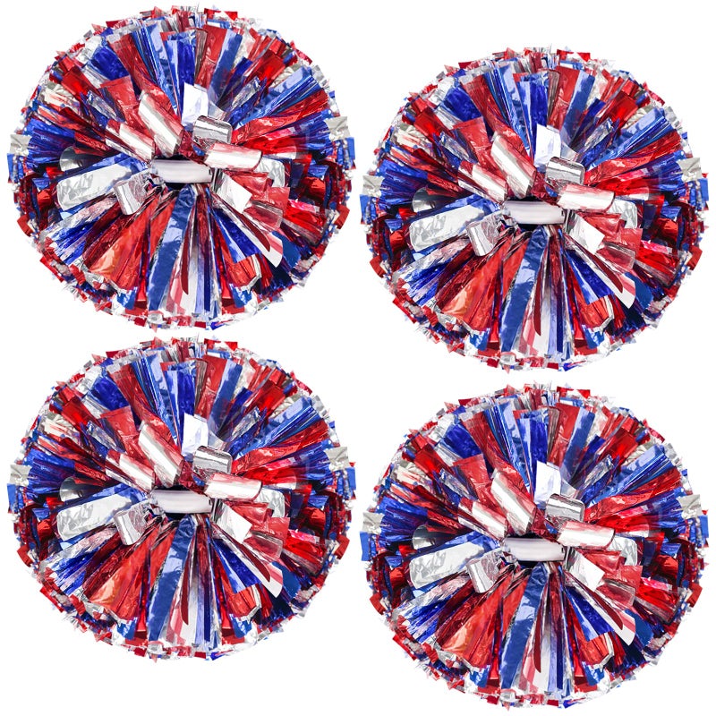 HOLENGS 4Pcs Upgraded 12inch Metallic Cheerleading Pom Poms, HOLENGS Cheerleader Pompoms Cheer Poms for Kids Adults, Cheering Squad Pompoms for School Sports Games Dance Party (Blue and Red and Sliver) - Image 1