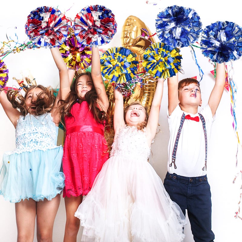 HOLENGS 4Pcs Upgraded 12inch Metallic Cheerleading Pom Poms, HOLENGS Cheerleader Pompoms Cheer Poms for Kids Adults, Cheering Squad Pompoms for School Sports Games Dance Party (Blue and Red and Sliver) - Image 4