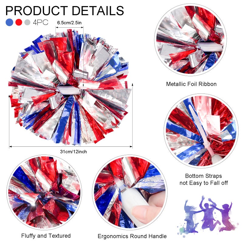 HOLENGS 4Pcs Upgraded 12inch Metallic Cheerleading Pom Poms, HOLENGS Cheerleader Pompoms Cheer Poms for Kids Adults, Cheering Squad Pompoms for School Sports Games Dance Party (Blue and Red and Sliver) - Image 2