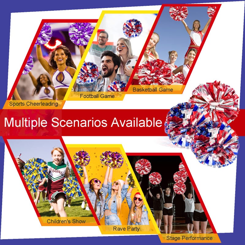 HOLENGS 4Pcs Upgraded 12inch Metallic Cheerleading Pom Poms, HOLENGS Cheerleader Pompoms Cheer Poms for Kids Adults, Cheering Squad Pompoms for School Sports Games Dance Party (Blue and Red and Sliver) - Image 5