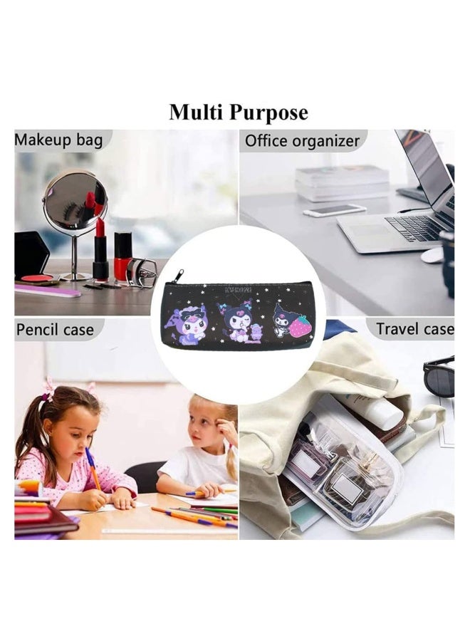 3 Pcs Black Kuromi Pencil Case for Girls, Cute Kuromi Pencil Bag Stationary School Supplies Anime Figures Pencil Case with Smooth Zip PU Storage Pouch Make Up Cosmetic Bag Cute Pencil Case - Image 2