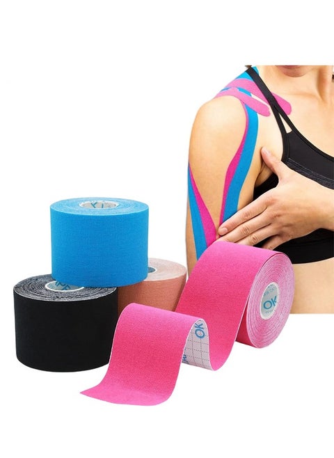 4-Pack Waterproof Kinesiology Tape, Elastic Muscle & Sport Tape for Pain Relief, Gym, Fitness & Athletic Support (Black, Skin, Pink, Light Blue)