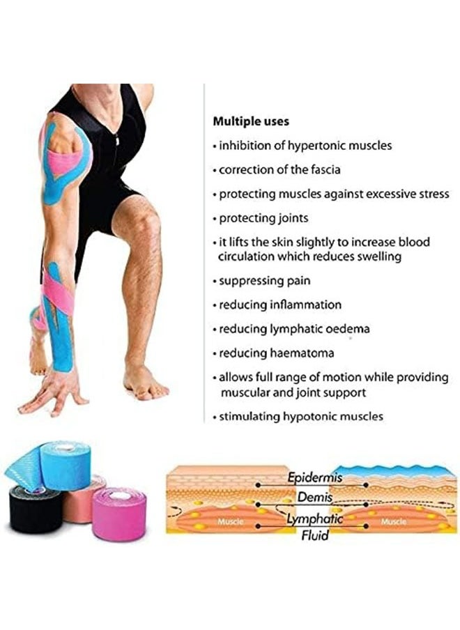 4-Pack Waterproof Kinesiology Tape, Elastic Muscle & Sport Tape for Pain Relief, Gym, Fitness & Athletic Support (Black, Skin, Pink, Light Blue)