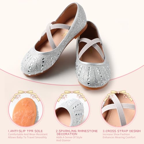 Orthoshoes Girls' Sparkling Princess Party Shoes with Rhinestones — Mary Jane Dress Shoes with Flat Soles, Perfect for School Dances and Back-to-School Celebrations Glitter Silver - Image 2