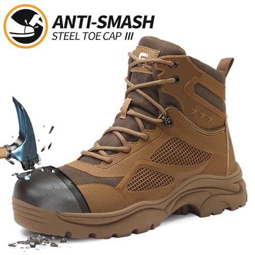 KGJIANDA Steel Toe Boots for Men Work Boots Men Construction Boot for Jobsite Breathable Anti Smash Footwear for Warehouse Anti Puncture Safety Indestructible Heavy Duty Boot for Industrial Brown - Image 3