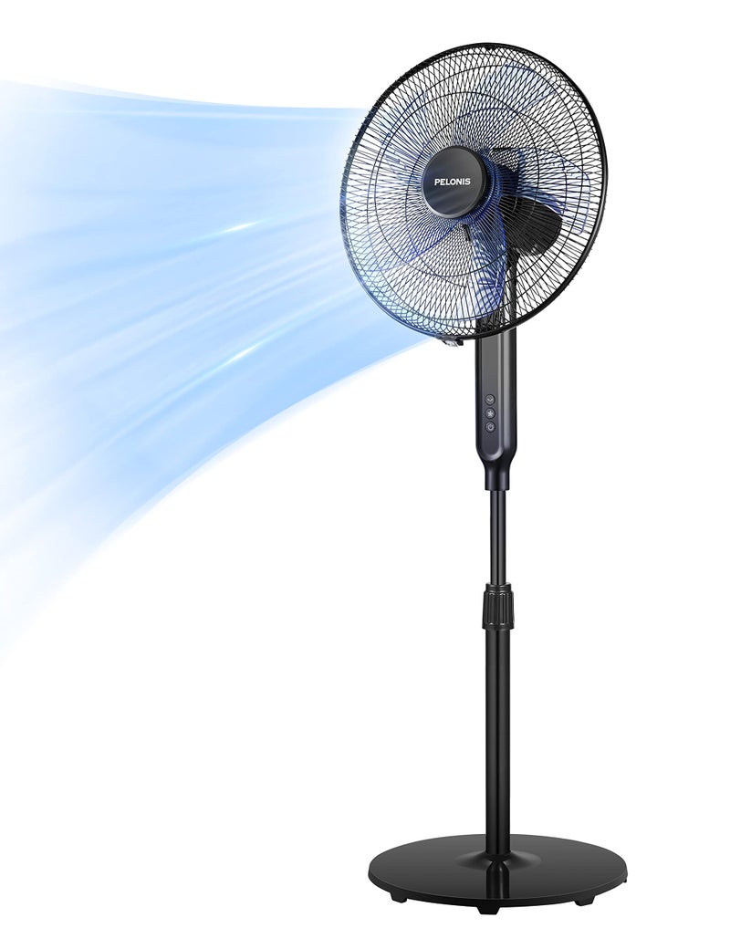 PELONIS 16 Oscillating Pedestal Stand Up Fan  Adjustable Height  Ultra Quiet DC Motor  Remote Control  12 Speed  12Hour Timer  High Energy Efficiency  for Bedroom Home Office Use  Black